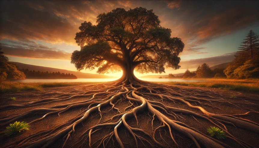 Large oak tree with visible roots standing strong against a calm sunset, captured during golden hour. Symbolizes stability, growth, and a solid retirement foundation.