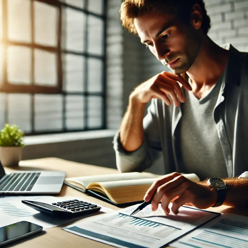 Person reviewing financial documents at a desk with a calculator, laptop, and financial plan, symbolizing smart financial management and strategic wealth accumulation